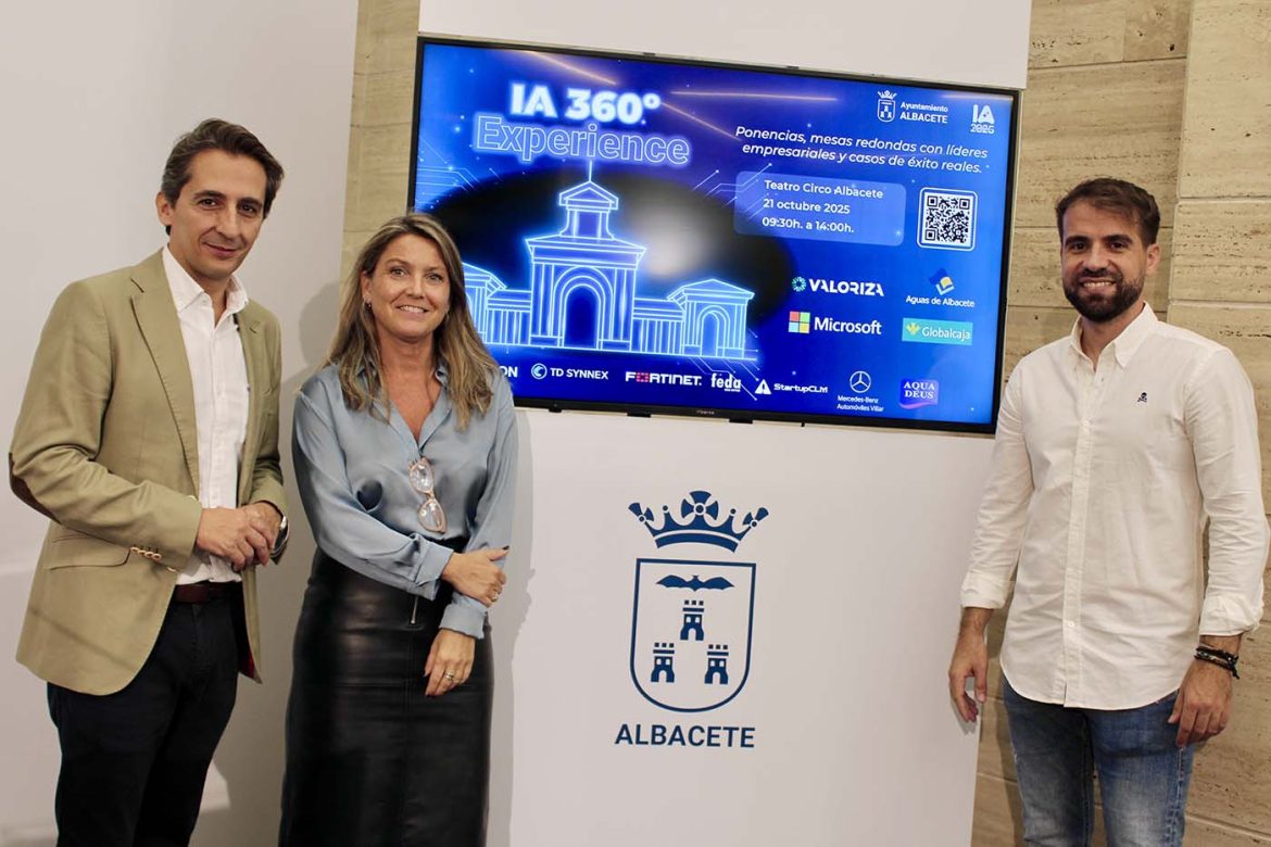 La concejala de Empleo y Promoción Económica, Lucrecia Rodriguez de Vera, ha informado de la próxima celebración en Albacete del Congreso de Inteligencia Artificial ‘IA 360 Experience’. Han acompañado a la edil representantes de la empresa organizadora Tecon, y de los patrocinadores Aguas de Albacete, Valoriza y Globalcaja.